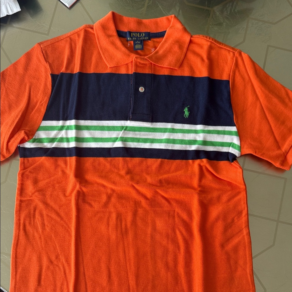 Polo by Ralph Lauren Orange Polo with Navy, White & Green Stripes